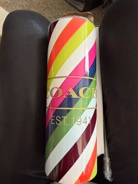 Coach Multicolor Striped Travel Tumbler with Gold Logo